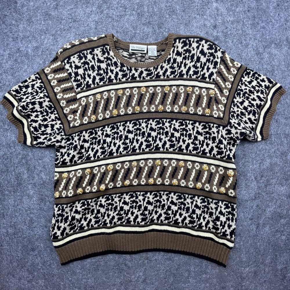 Vintage The Villager‎ Sweater Womens Large Earthy Animal Print Maximalist